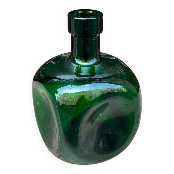 vase en verre vert moderniste -  Bouteille carrée en verre vert vintage