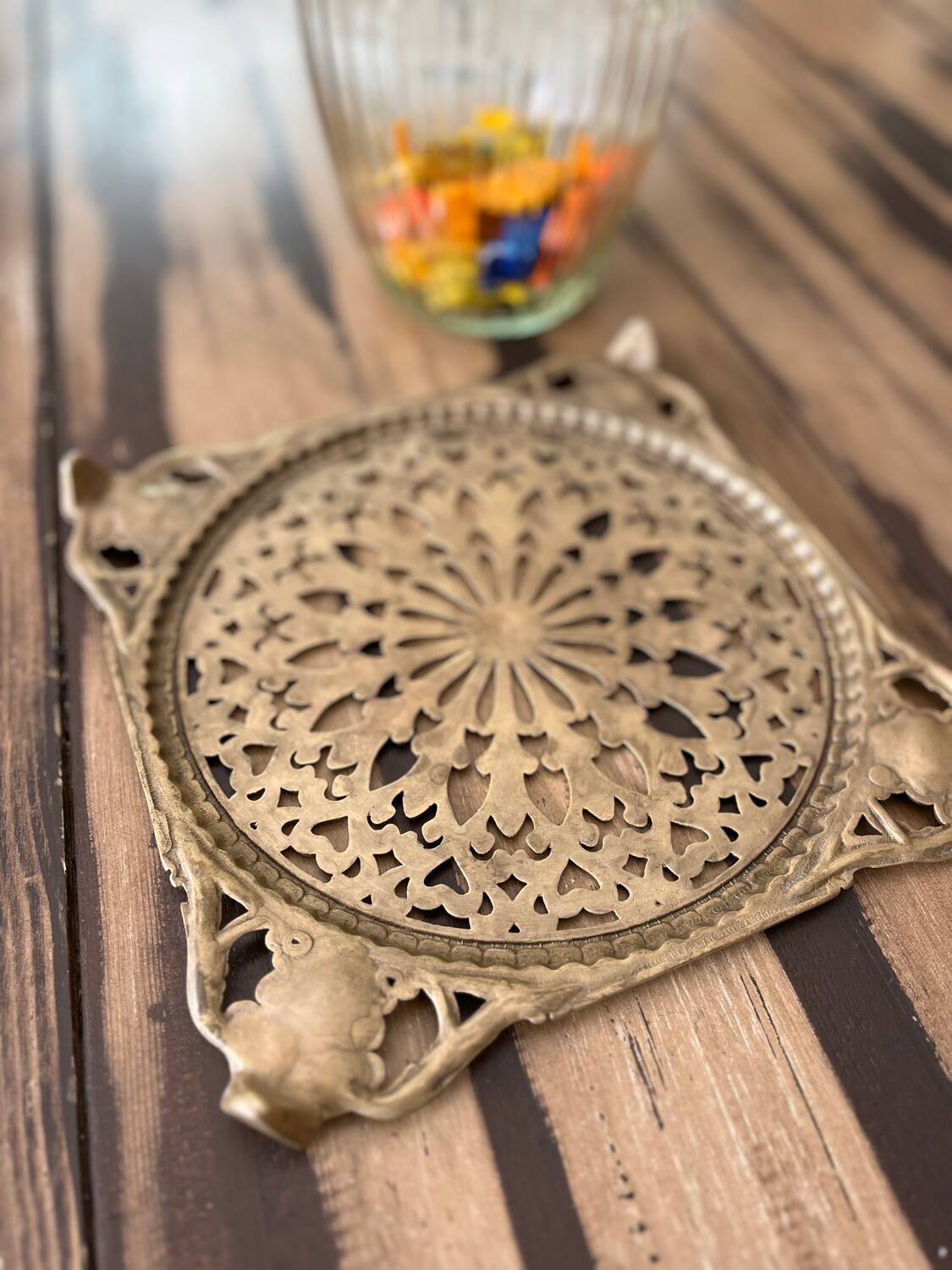Large old brass trivet