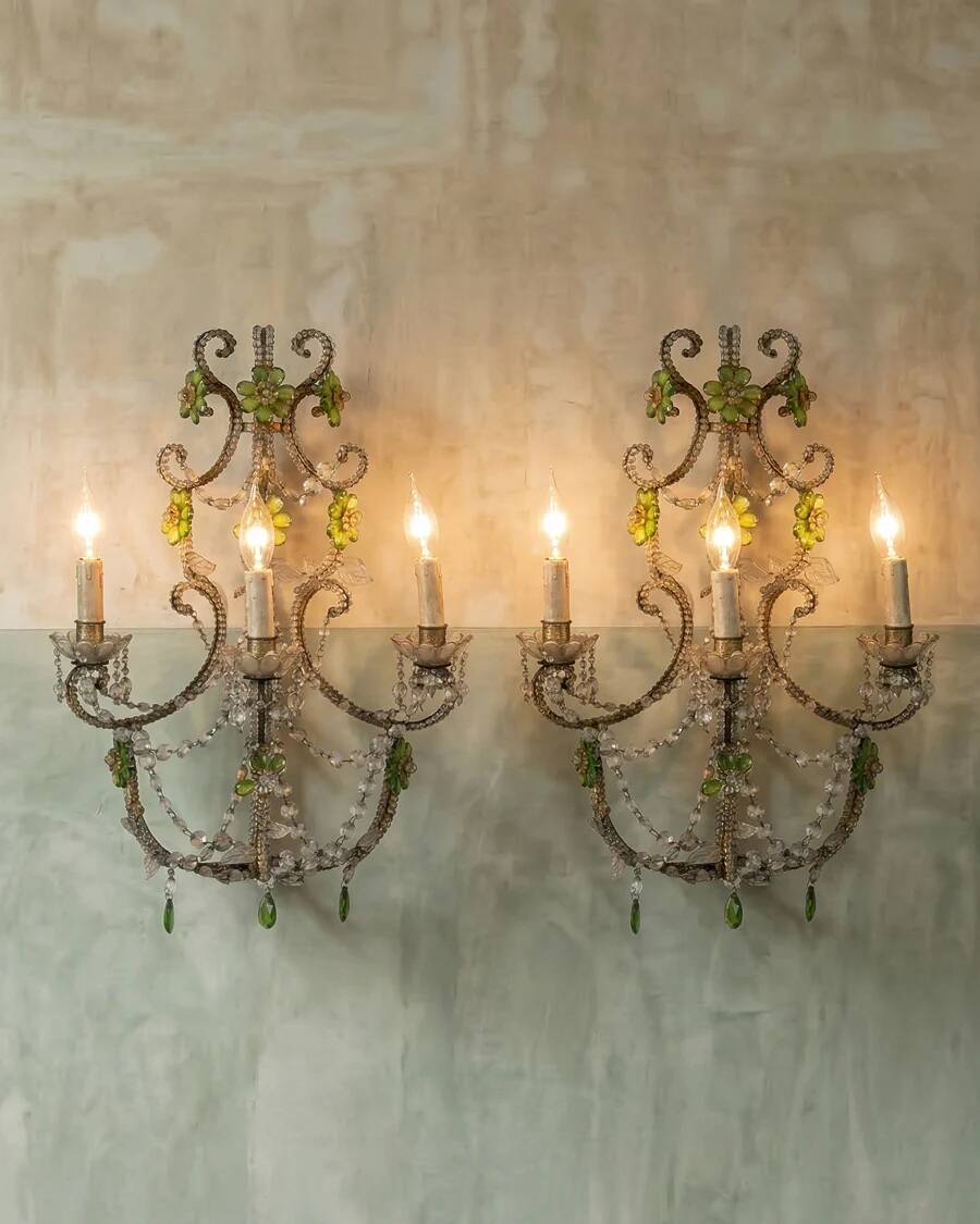 Italian crystal wall sconces with bead flowers in green (pair)