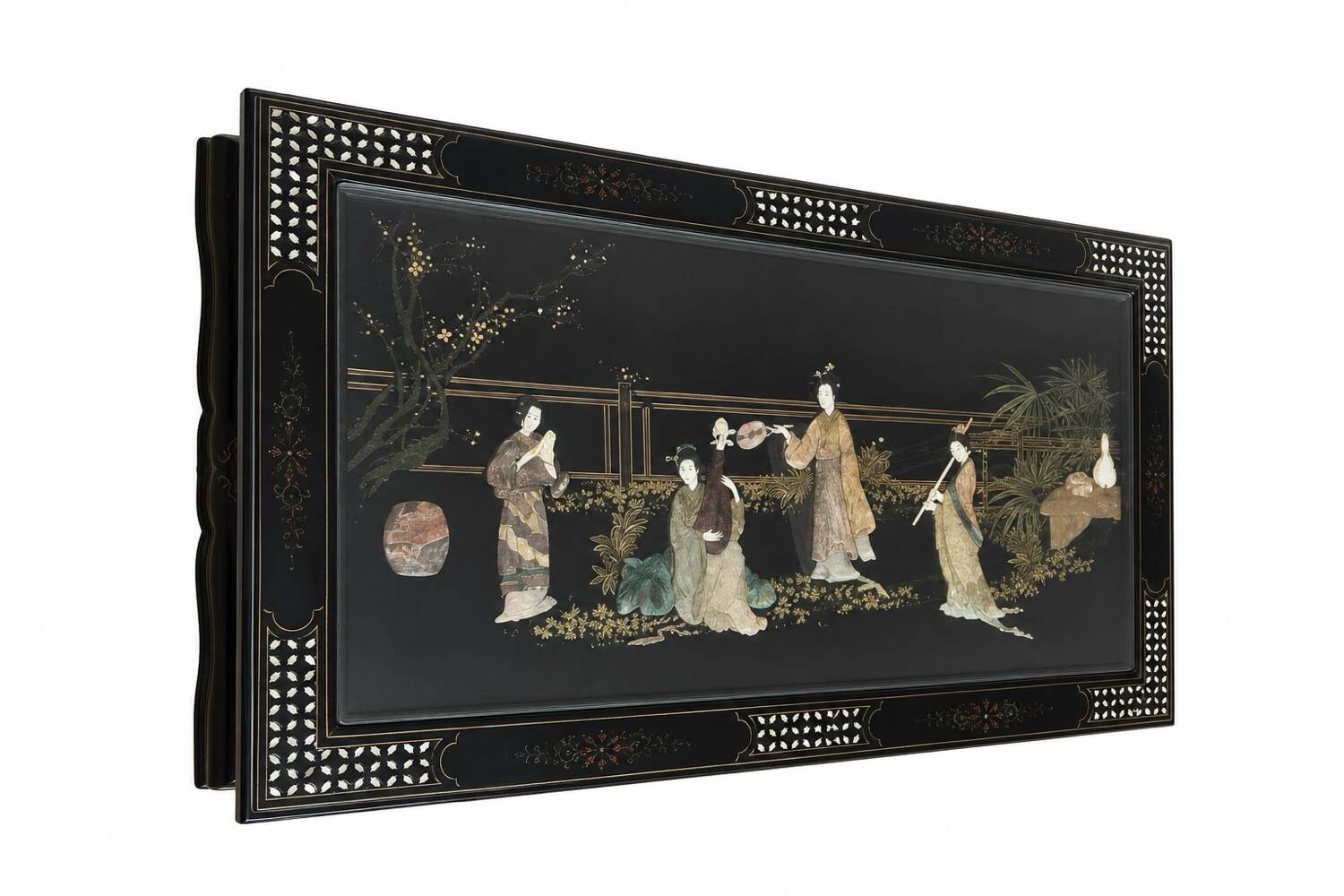 Table basse style chinois en bois noir et incrustrations de nacre