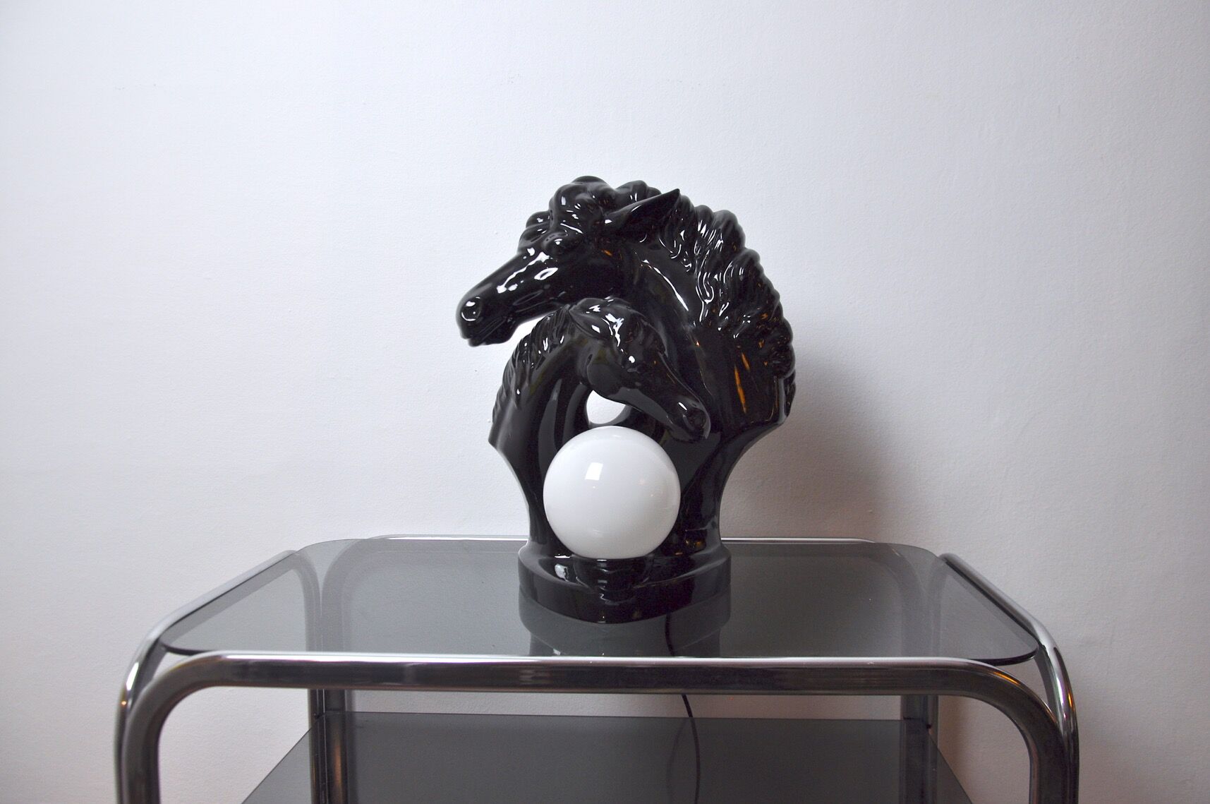 Black ceramic regency "Chevaux" lamp, France, 1980
