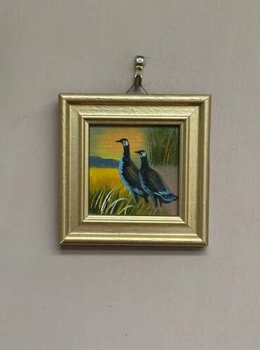 Mid-Century Oil on Panel – “Birds” by Unknown, Vintage & Framed