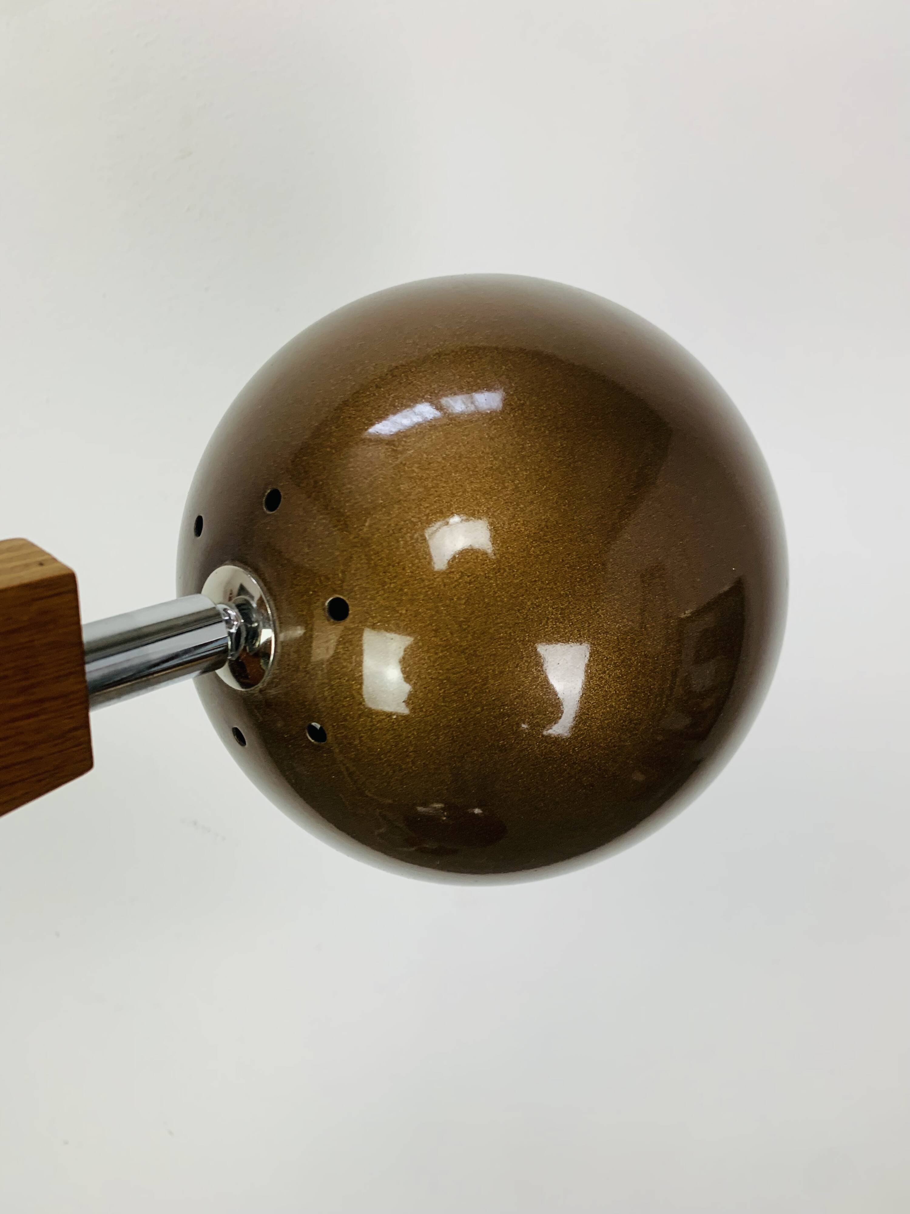 Eyeball floor lamp by Temde Leuchten, copper metal, teak and chrome, 70s.
