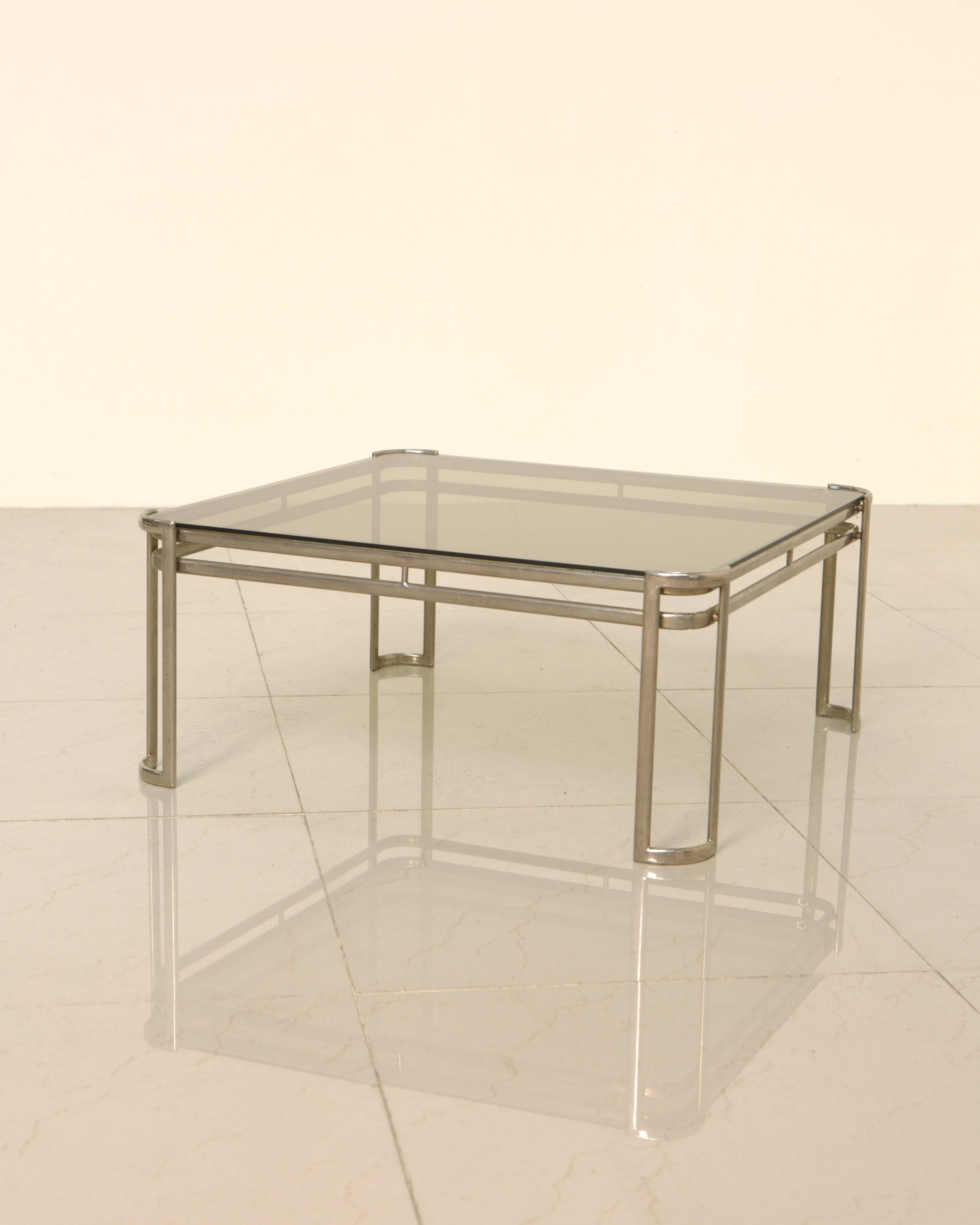 Italian coffee table in metal and brown smoked glass from the 60s