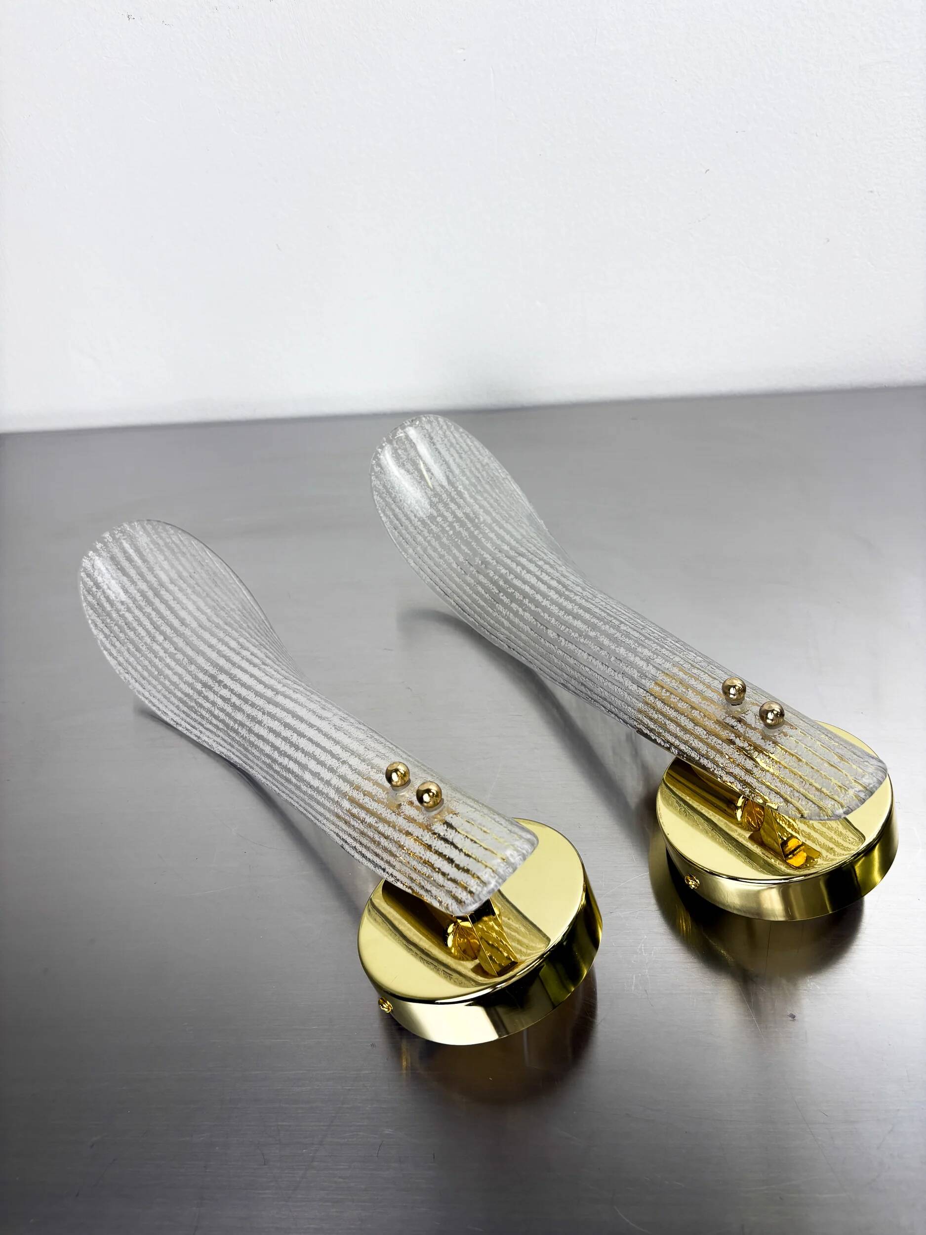 Pair of Murano frosted glass leaf sconces, gilt brass, Italy, 1970s