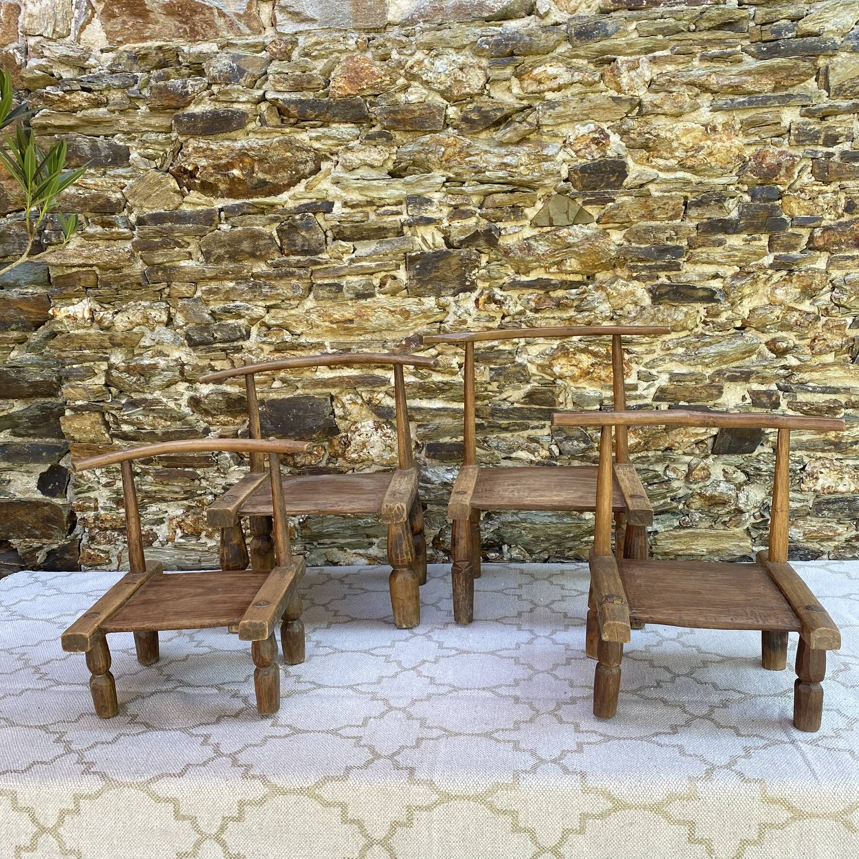 Ancient Baoulé African chairs in carved wood, Wabi-Sabi.