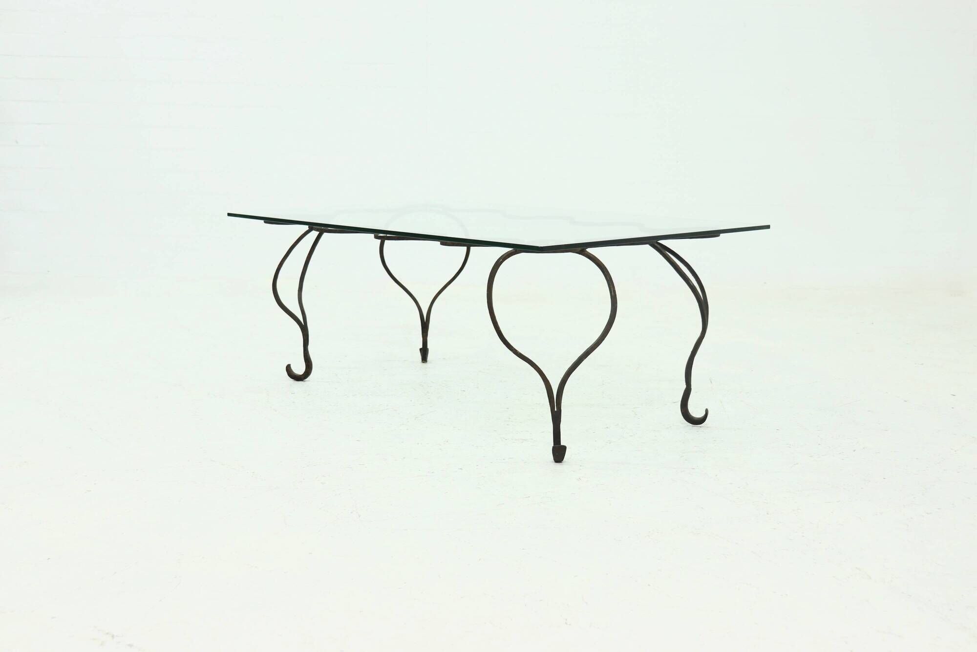 Coffee Table with Decorative Forged Steel Base and Glass Top 1960s