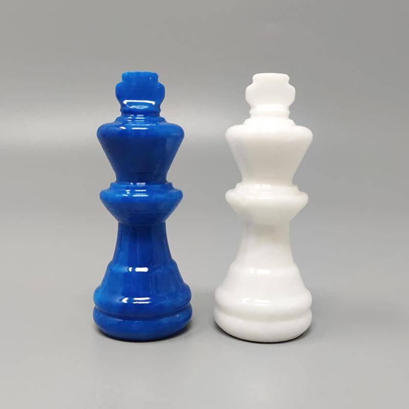1970s Gorgeous Sky Blue and White Chess Set in Volterra Alabaster Handmade.