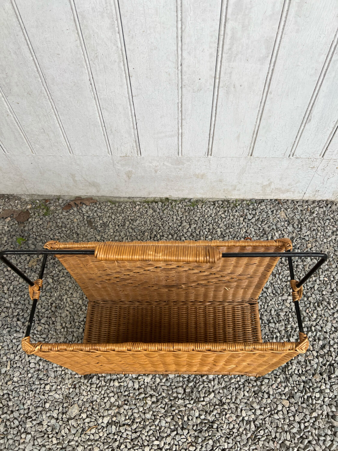 Vintage rattan and black metal magazine rack