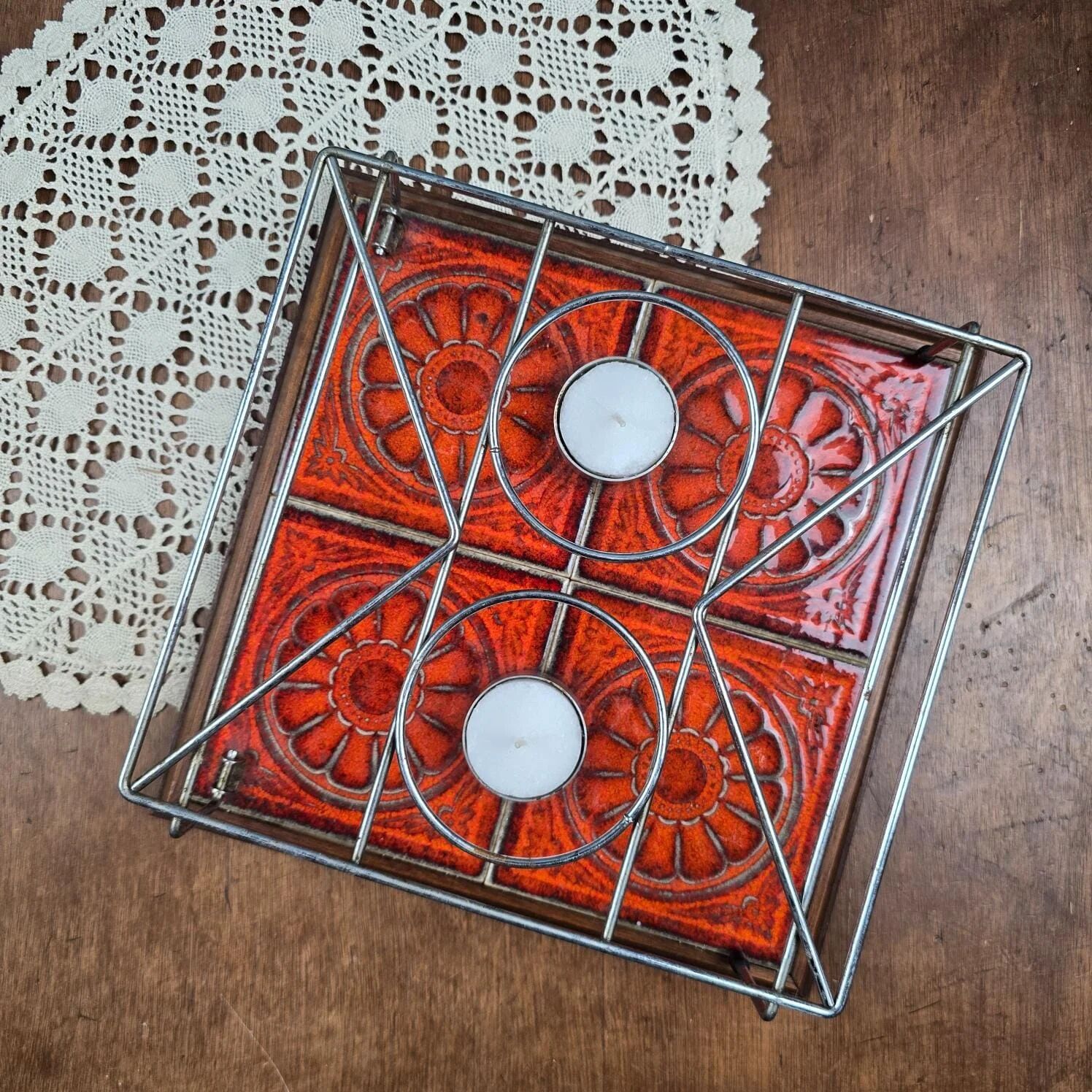 Vintage 1970s candle warmer – Orange ceramic & metal
