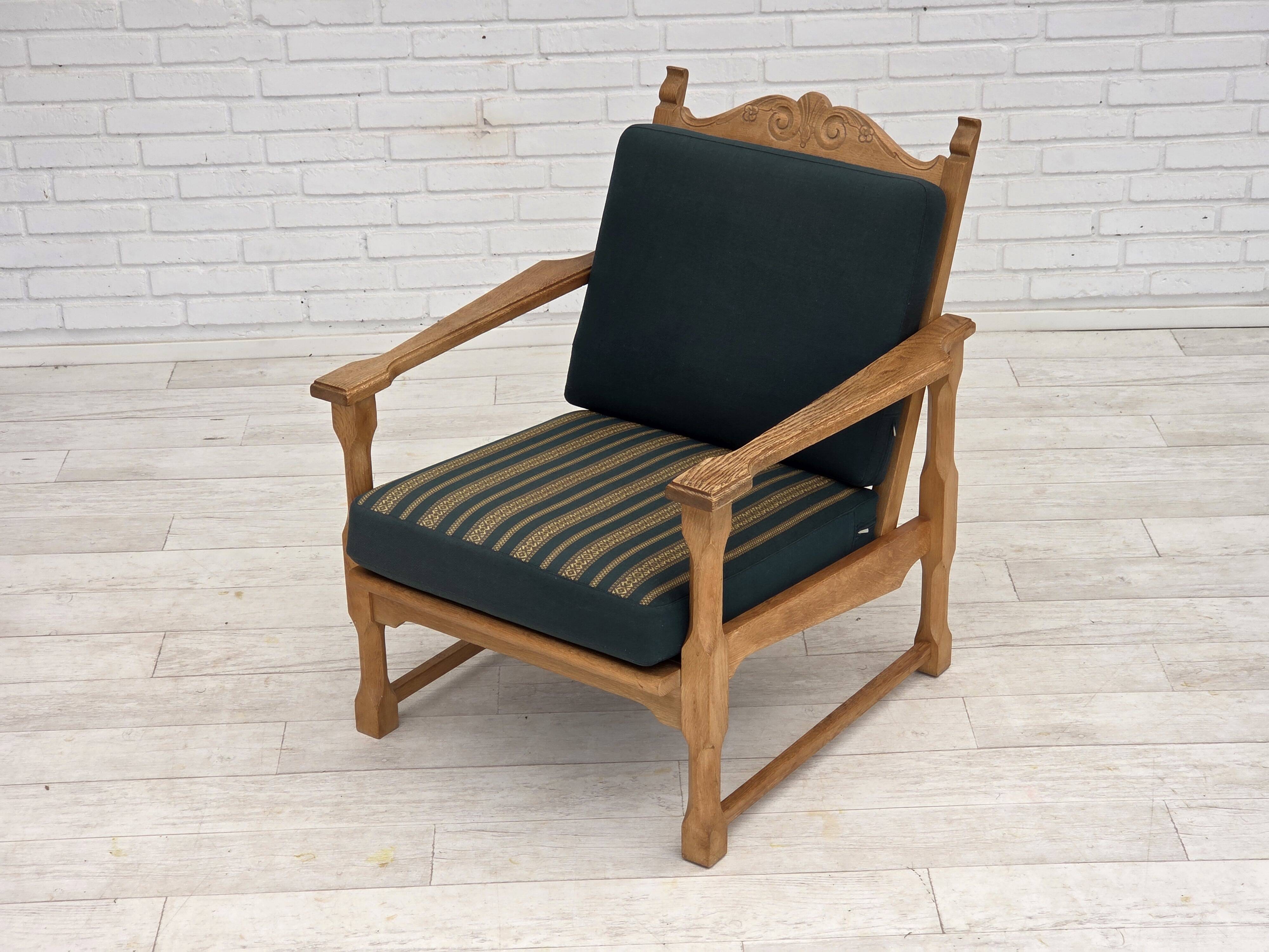 1970s, Scandinavian lounge chair, green furniture wool, solid oak wood.