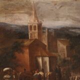 Grand tableau de paysage italien avec personnages du XVIIIe siècle