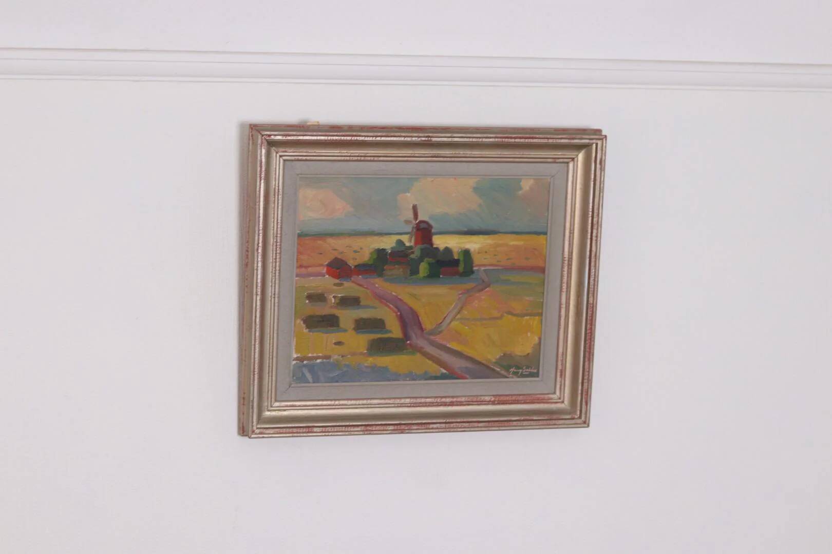 Huile sur toile originale suédoise – « Paysage avec moulin à vent » par Harry Sahlin