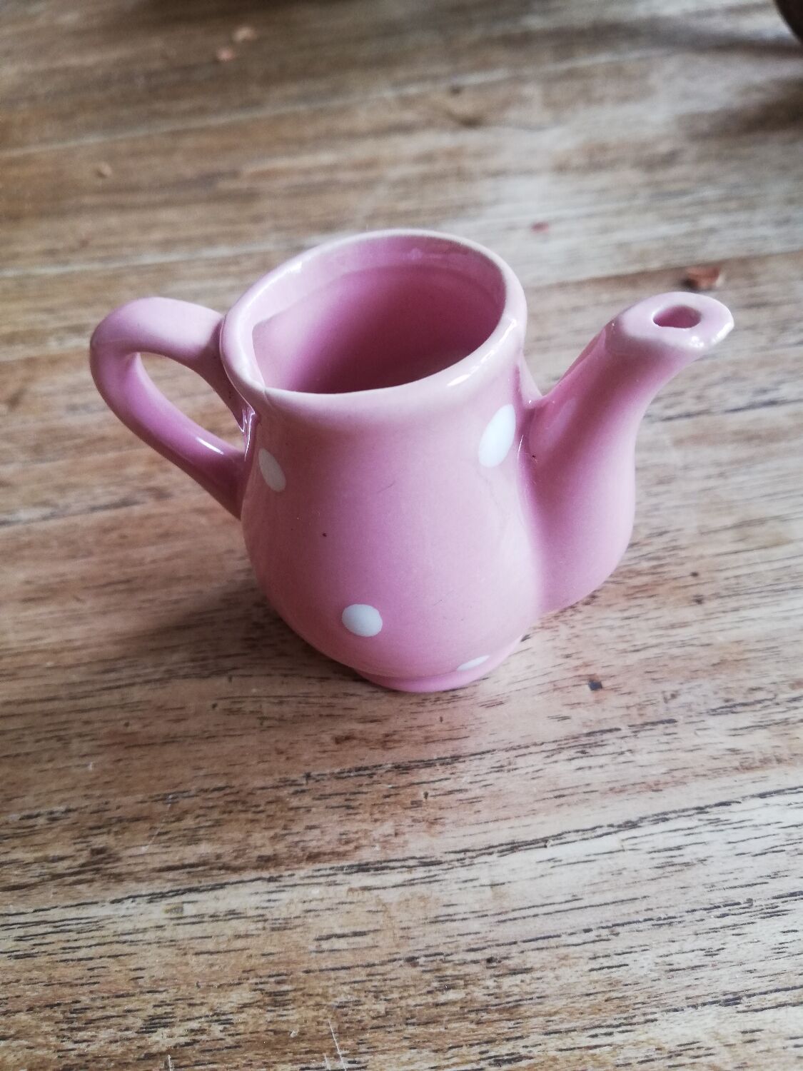 Miniature pink pitcher with white polka dots for play kitchen or dollhouse