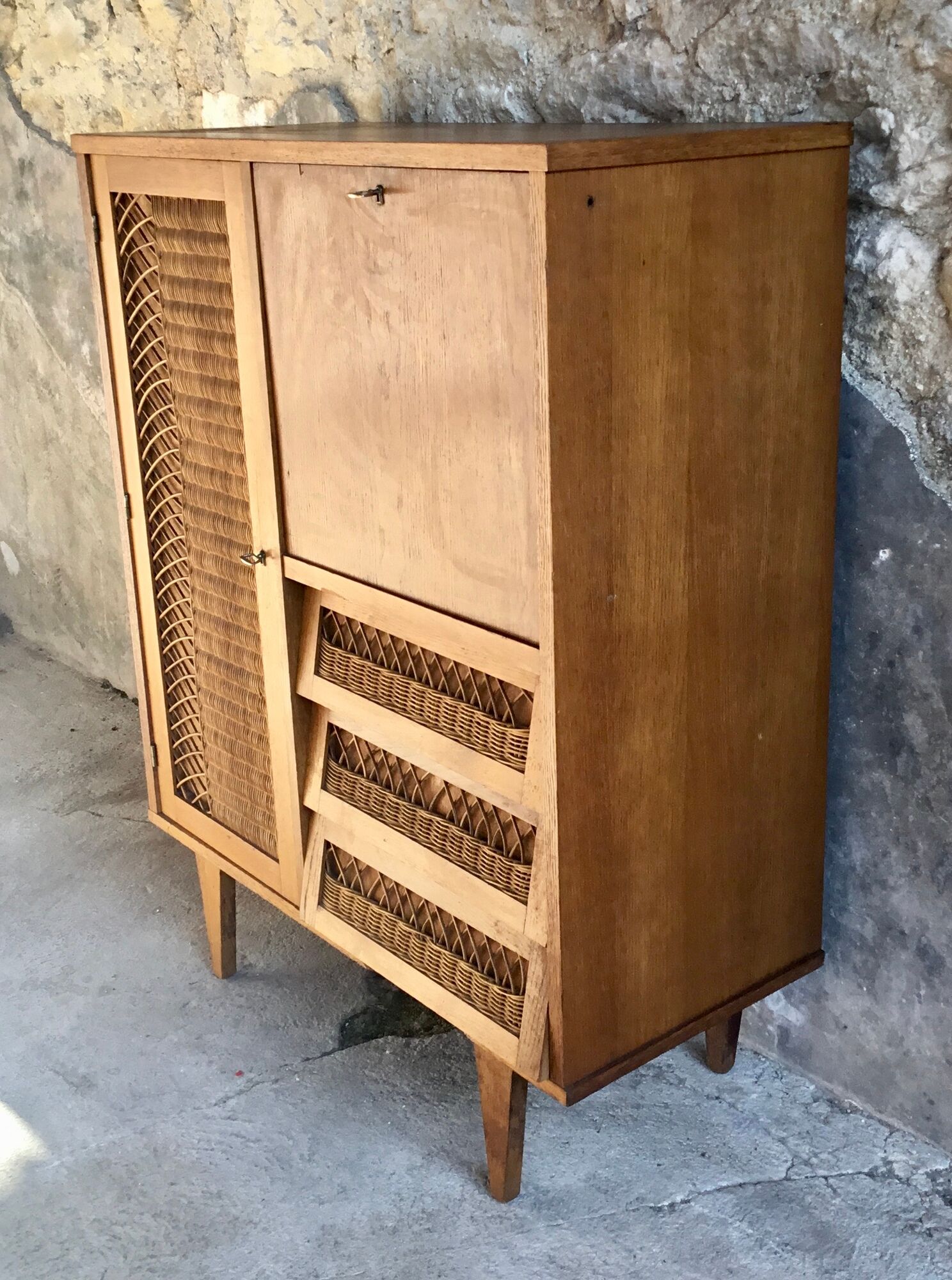 Rattan cabinet with integrated illuminating secretary vintage 1960