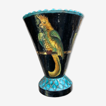 Vase monaco à décor de perruches et perroquets