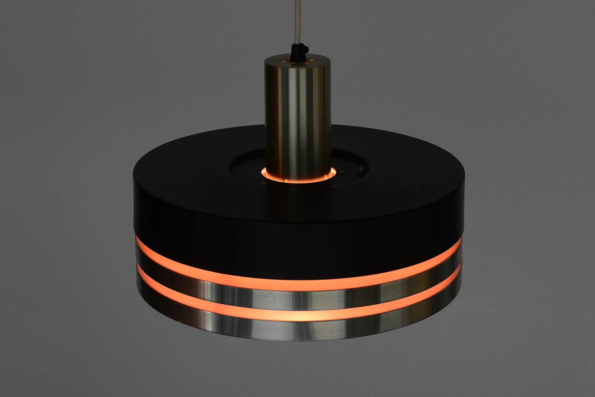 Pendant light in brushed aluminium and black by Carl Thore for Granhaga. Sweden 1960s.