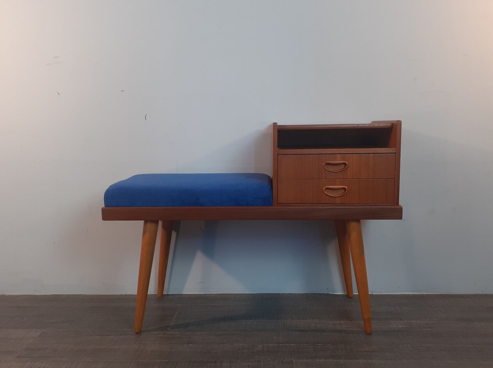 Bench Norwegian Phone Teak and blue fabric, Vintage Scandinavian 1970s