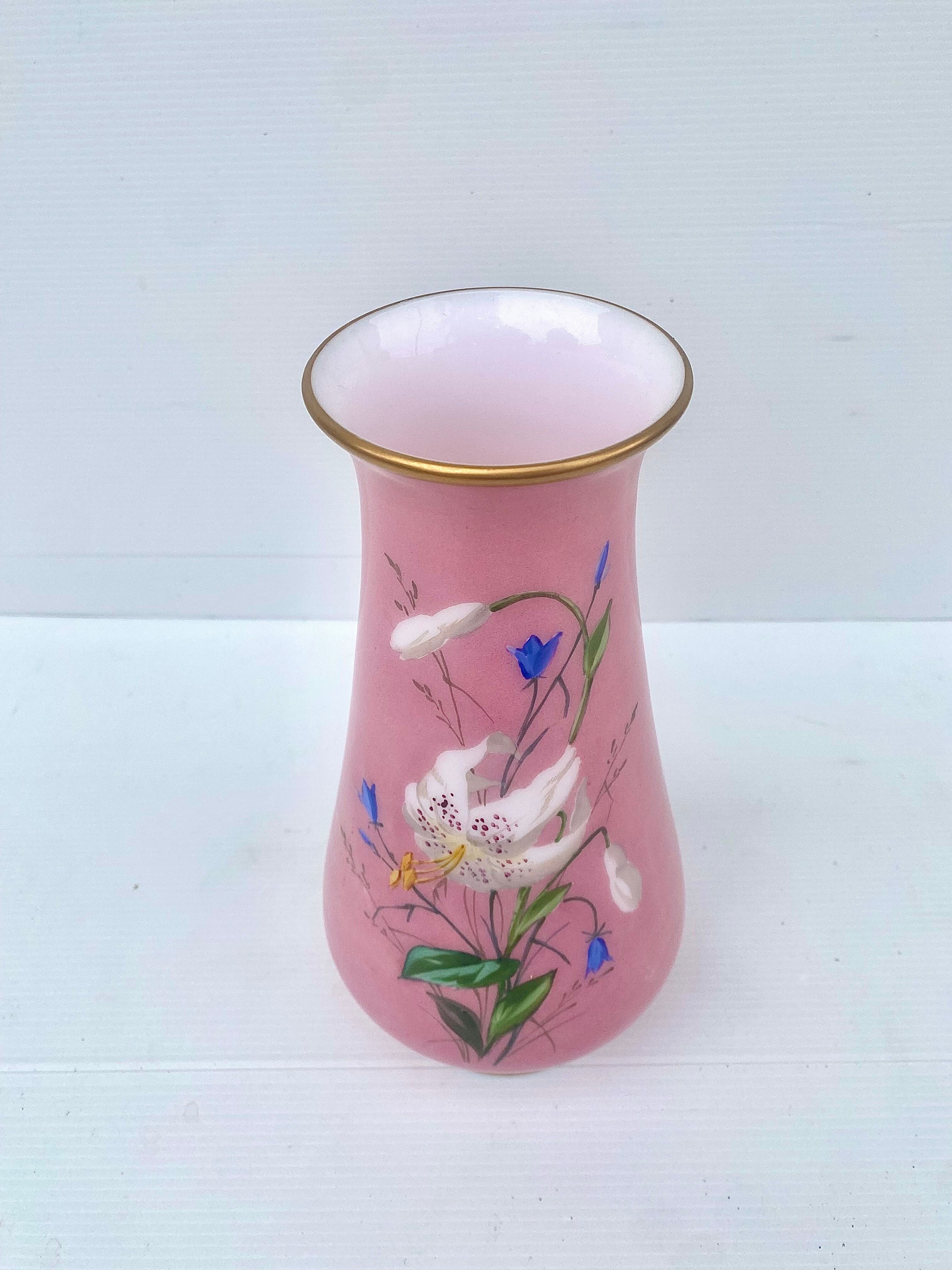 Antique pink opaline vase with floral decoration.