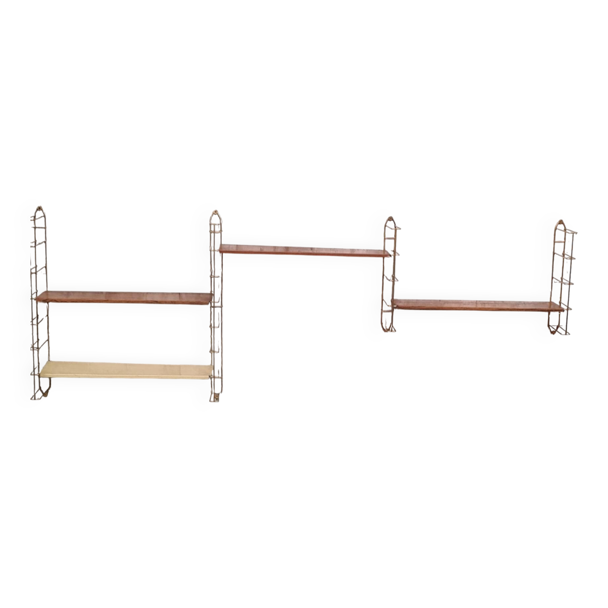 1960s shelf steel faux wood and gold chrome 4 uprights 184 cmx66x59x16 trace