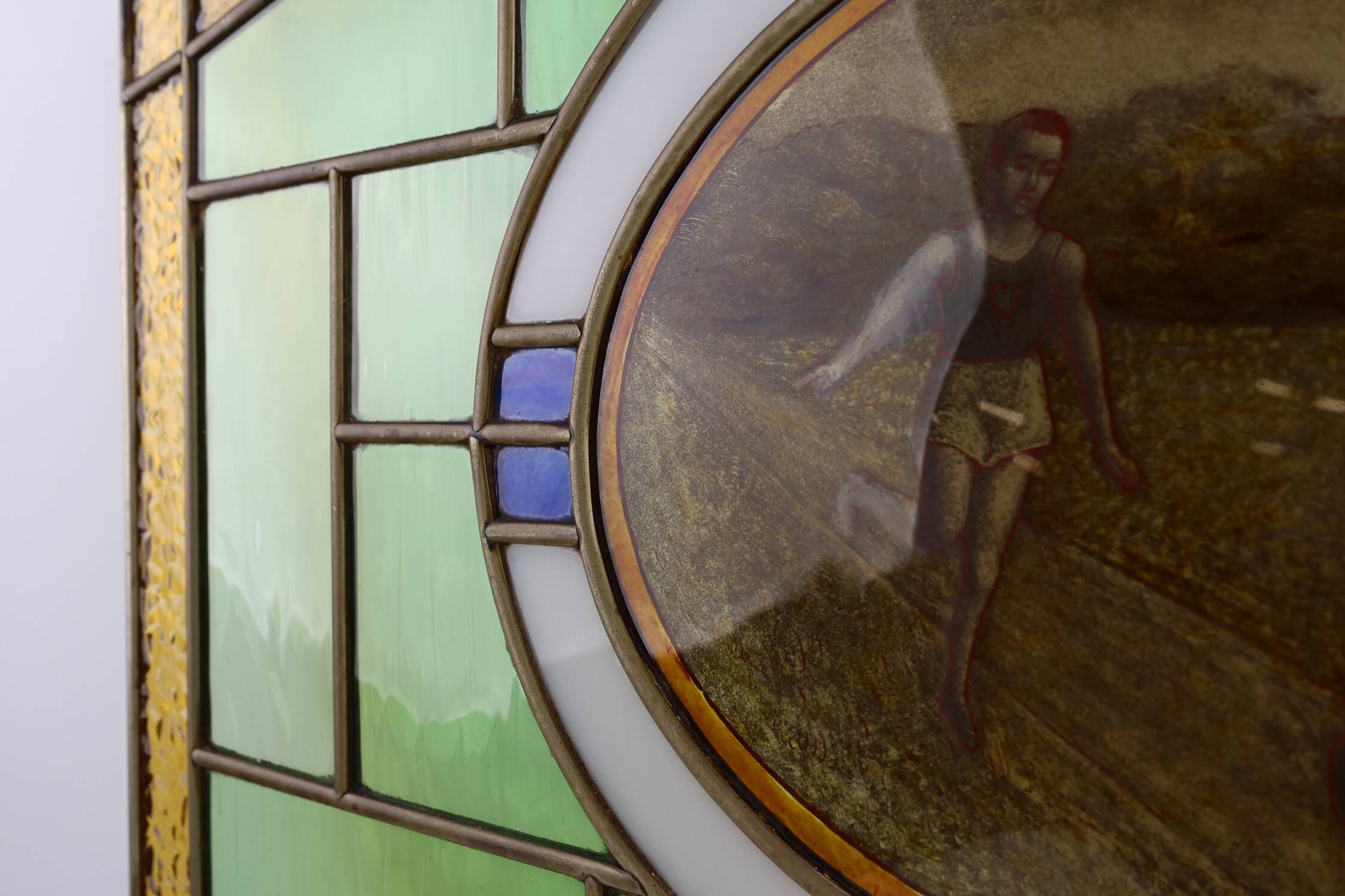 Art Deco Stained Glass Panel Depicting Runners in Motion, Belgium ca. 1910