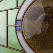 Art Deco Stained Glass Panel Depicting Runners in Motion, Belgium ca. 1910