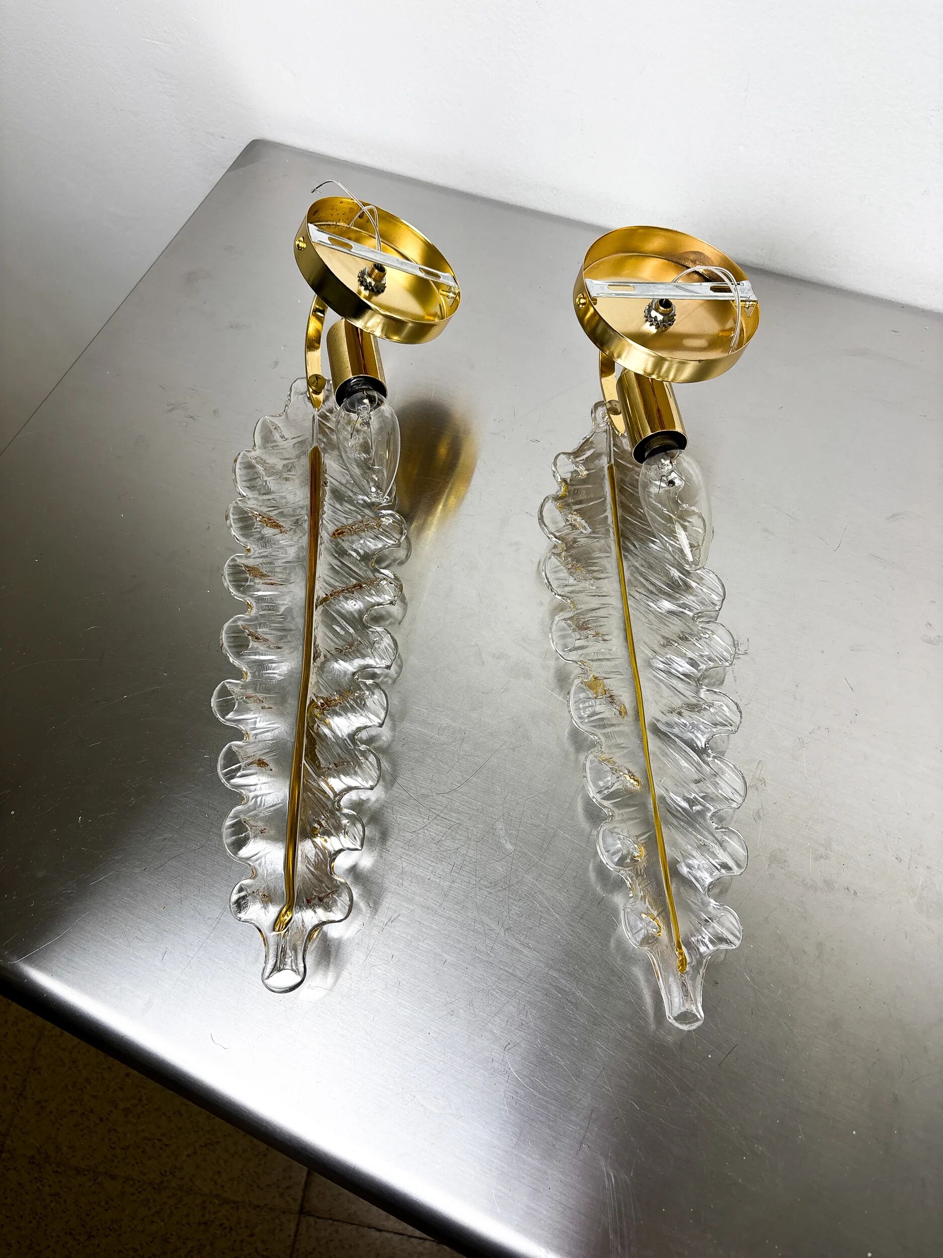 Pair of "Leaf" wall sconces by Murano Mazzega Italy, 1970s