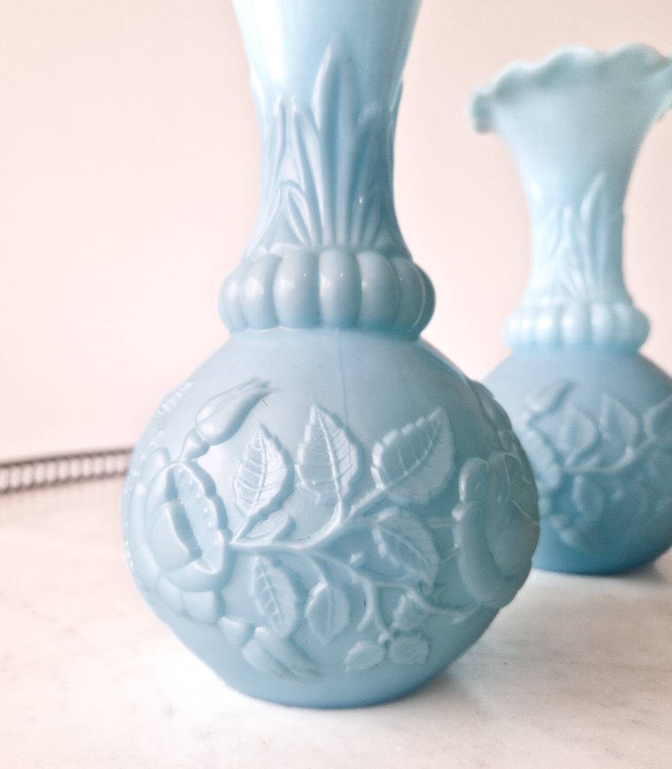 Pair of blue opaline vases from Vallérysthal Portieux decorated with roses