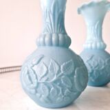 Pair of blue opaline vases from Vallérysthal Portieux decorated with roses