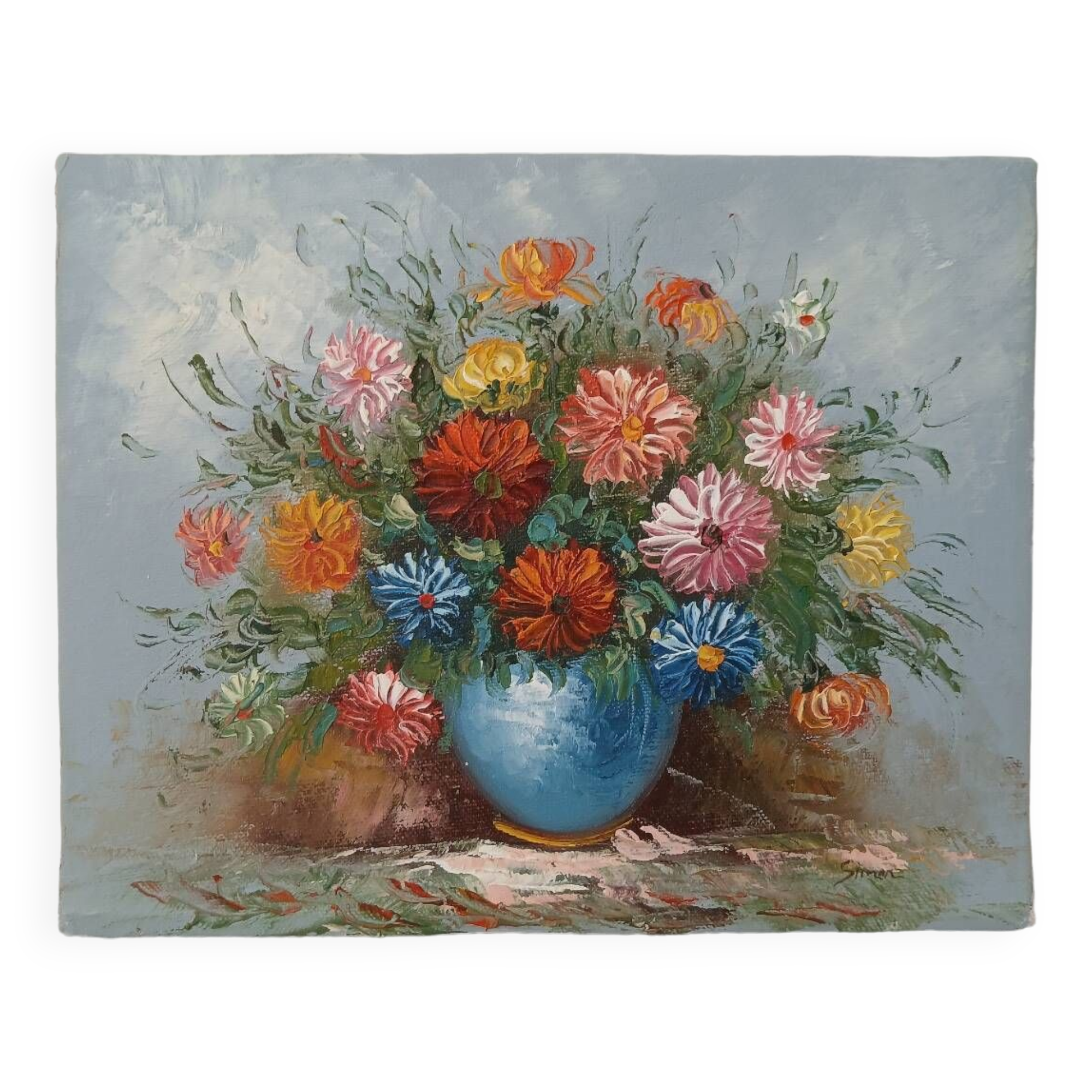 Petit tableau, bouquet de fleurs, fond bleu
