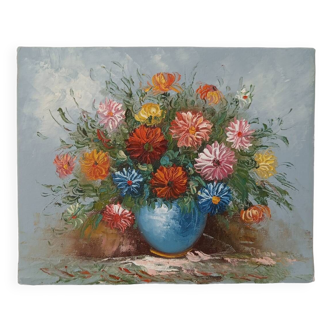 Small painting, bouquet of flowers, blue background