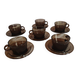 Set of 6 dark brown smoked glass coffee cups vintage vereco