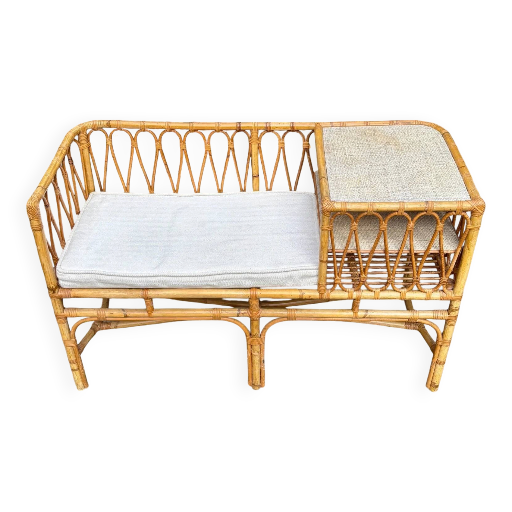 1960s beige rattan and cotton bench