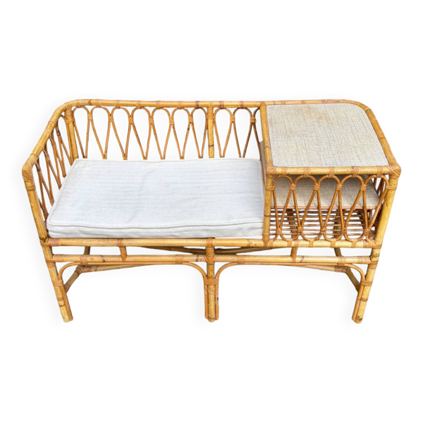 Banquette en rotin et coton beige années 1960