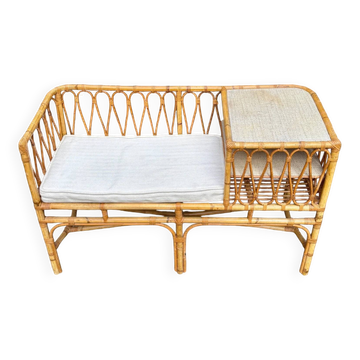 Banquette en rotin et coton beige années 1960