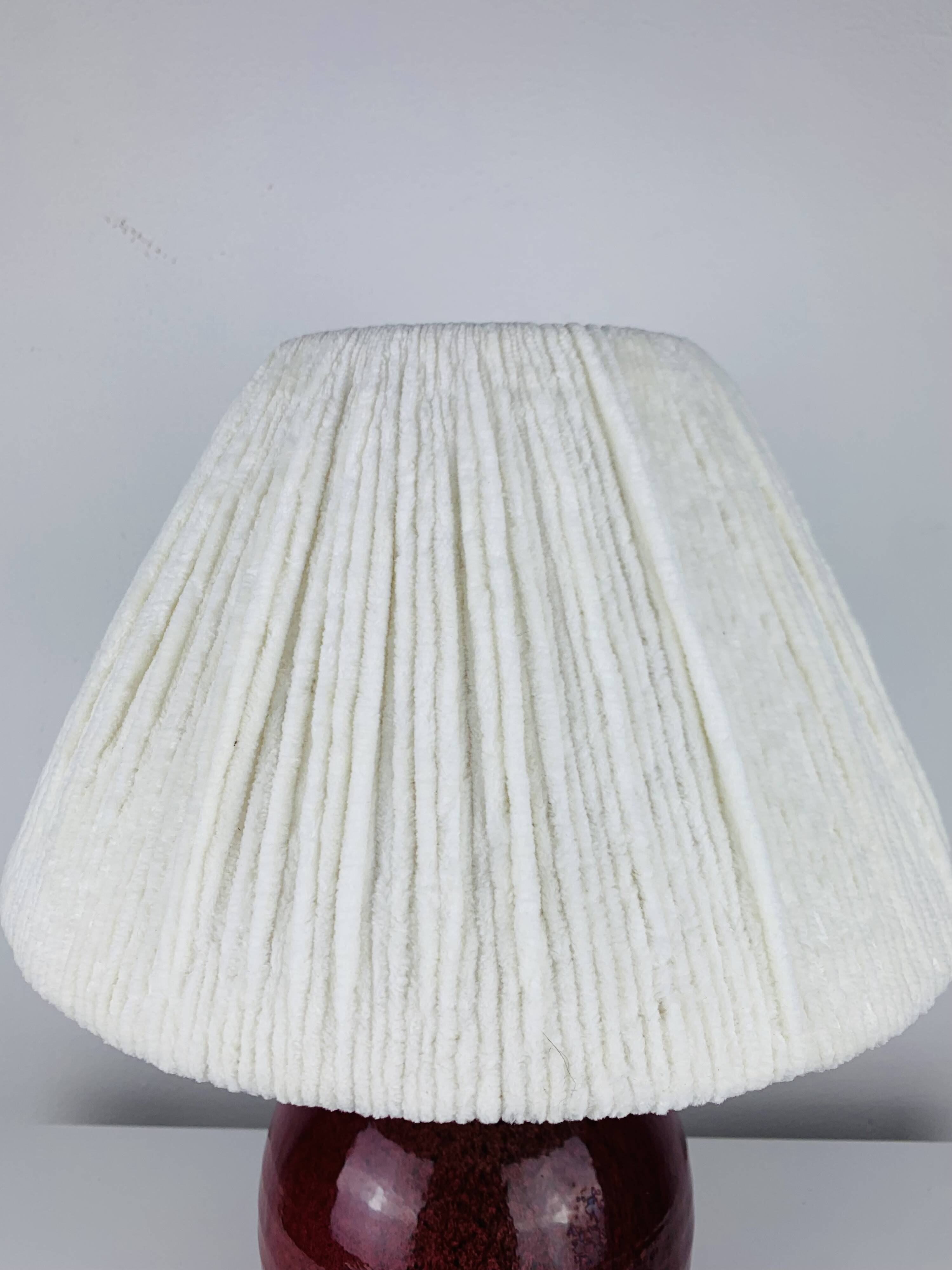 Purple ceramic ball lamp with wool shade, vintage.