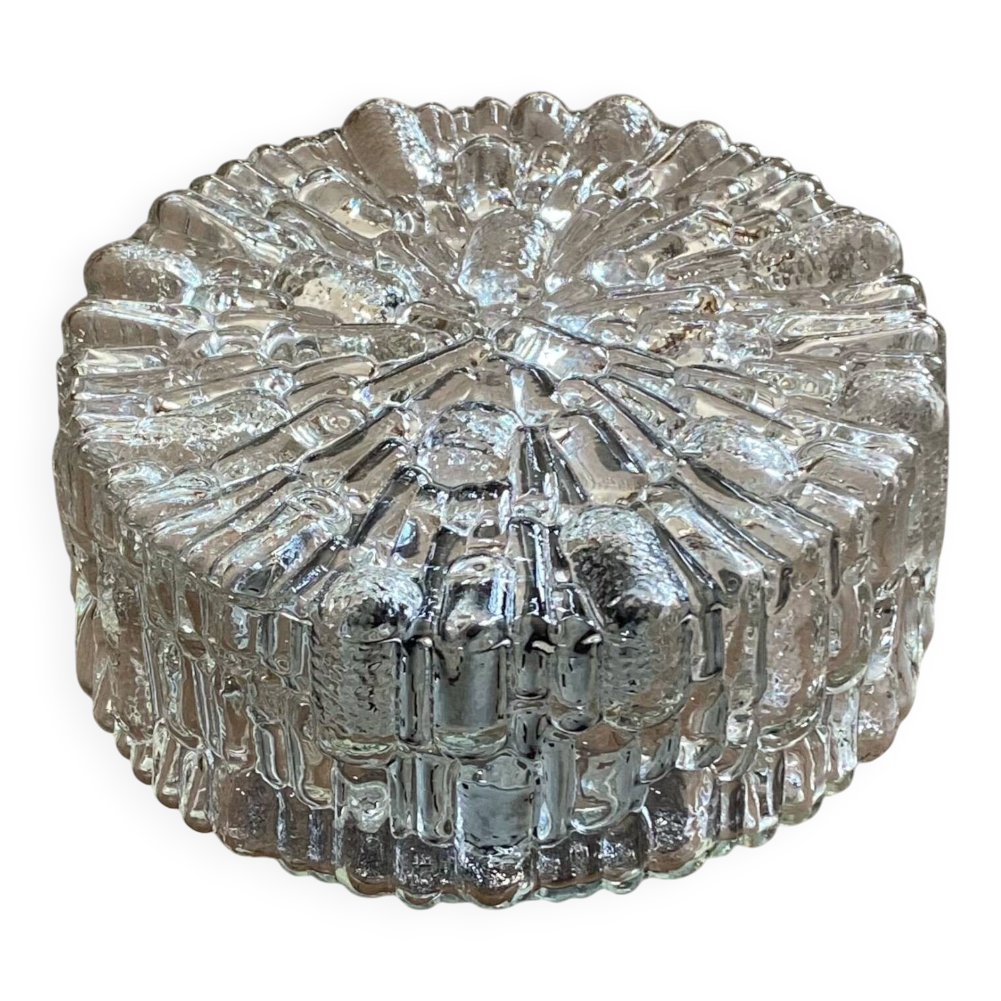 Round wall-mounted ceiling light, transparent moulded glass, vintage fixture.