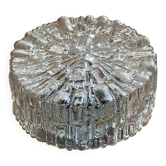 Round wall-mounted ceiling light, transparent moulded glass, vintage fixture.