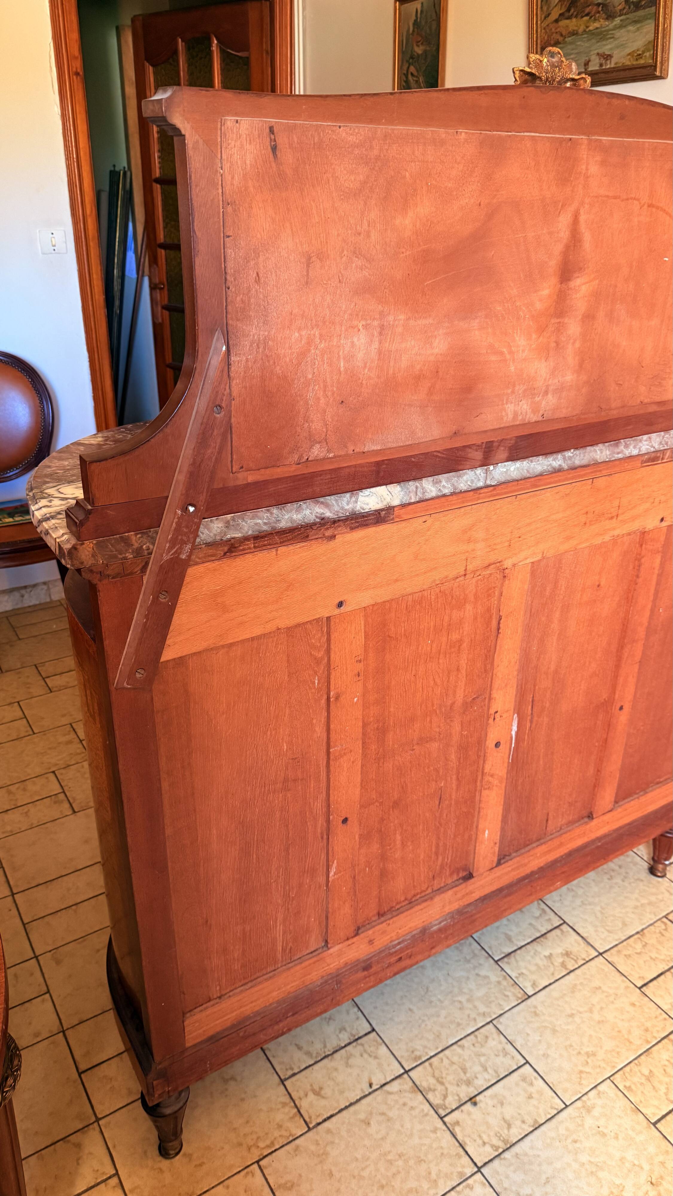 Rare antique buffet with marble, bronze, and marquetry in the Louis XVI style.