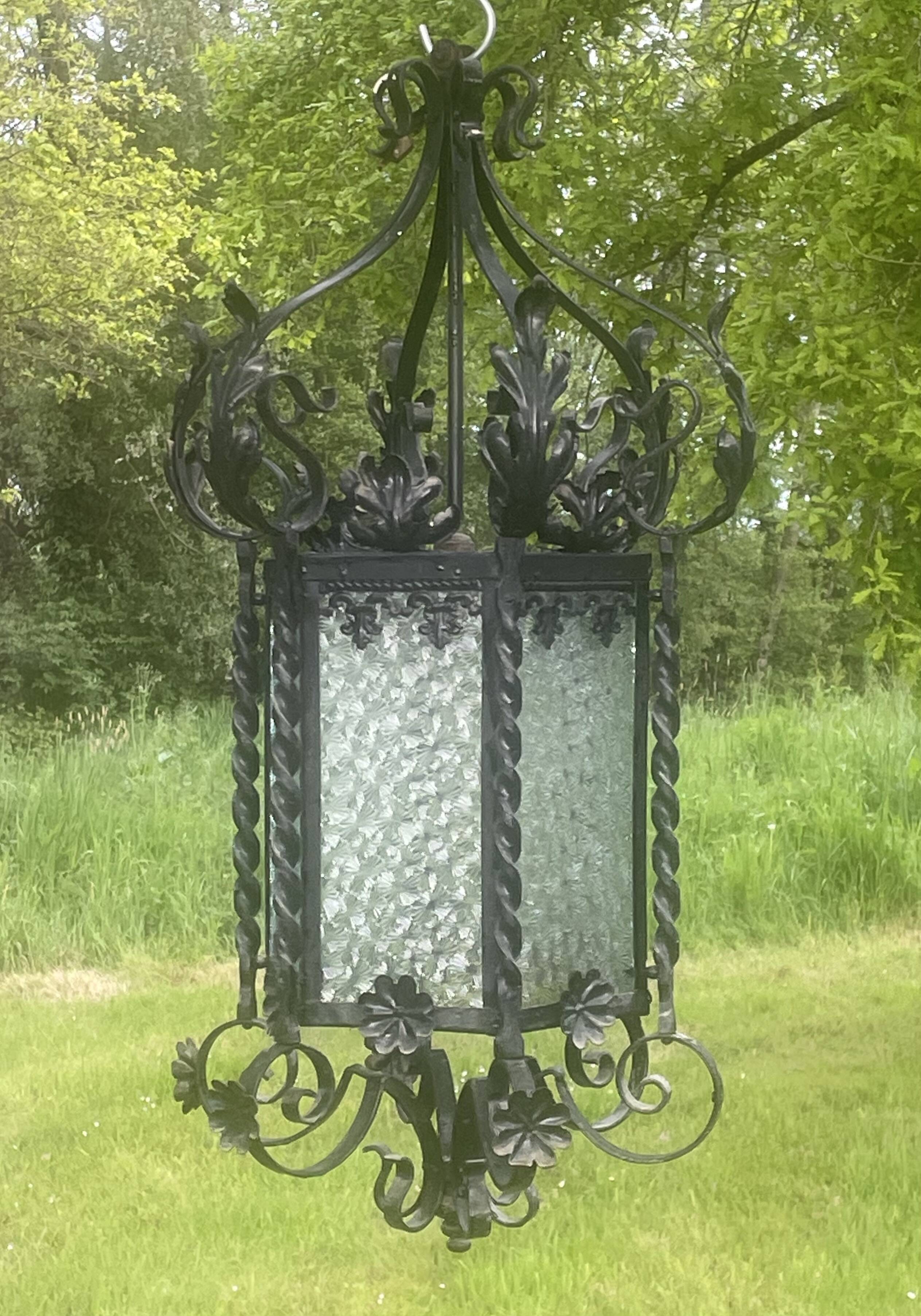 Vestibule lantern, hall, wrought iron entrance & cathedral glass, 80 cm pendant light