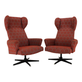 1970s pair of swivel wingback armchairs, Czechoslovakia