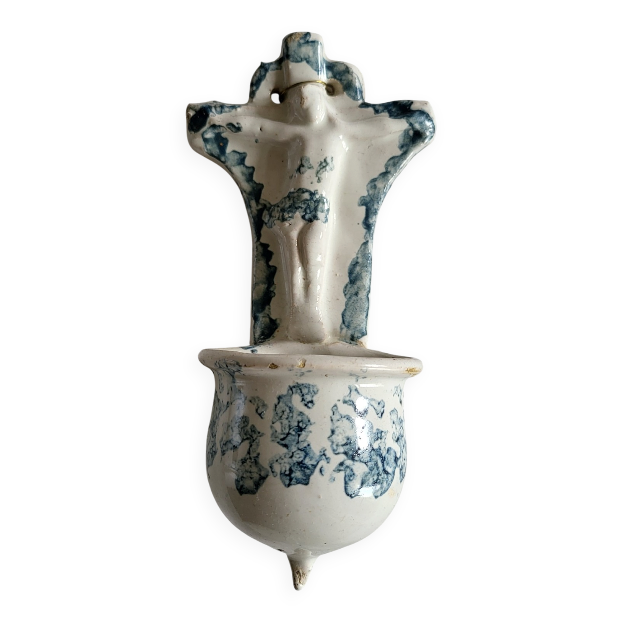 Ancien Bénitier en Faïence bleue et blanche Christ Croix