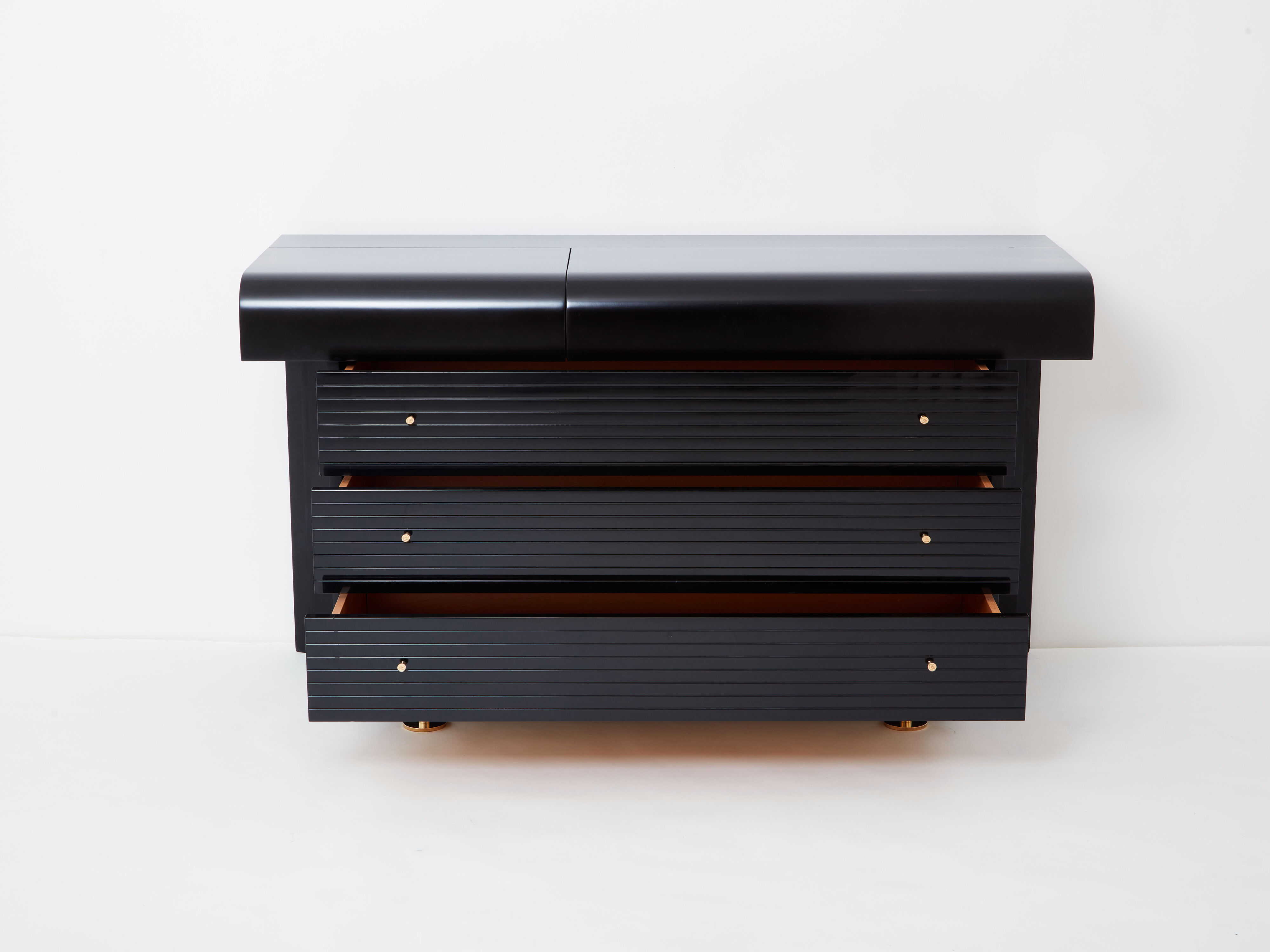 Black lacquered brass chest of drawers signed Pierre Cardin 1980