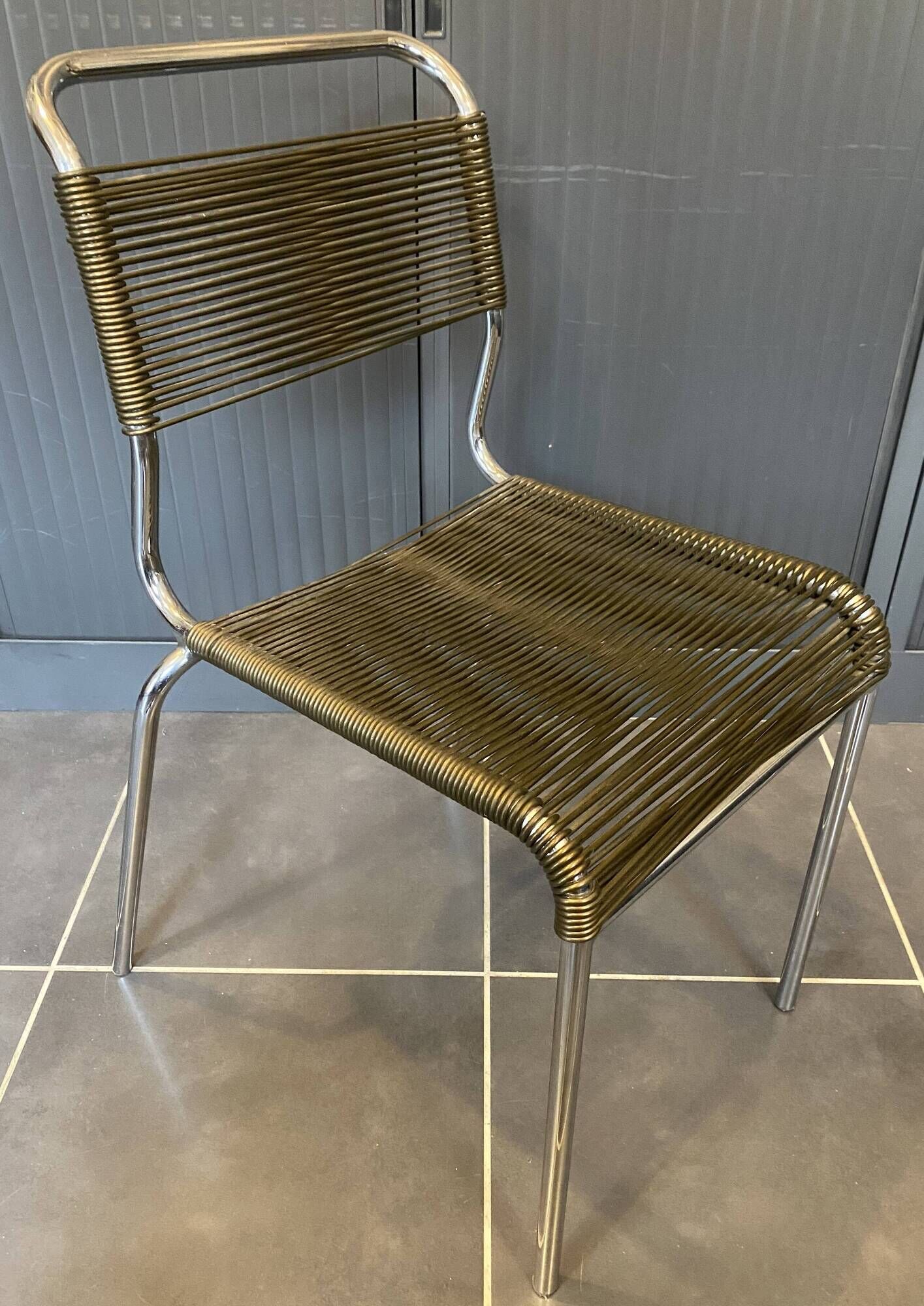 Scoubidou chair or vintage 1960s khaki green chrome spaghetti chair