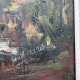 Painting, oil on canvas signed, forest landscape with horsemen