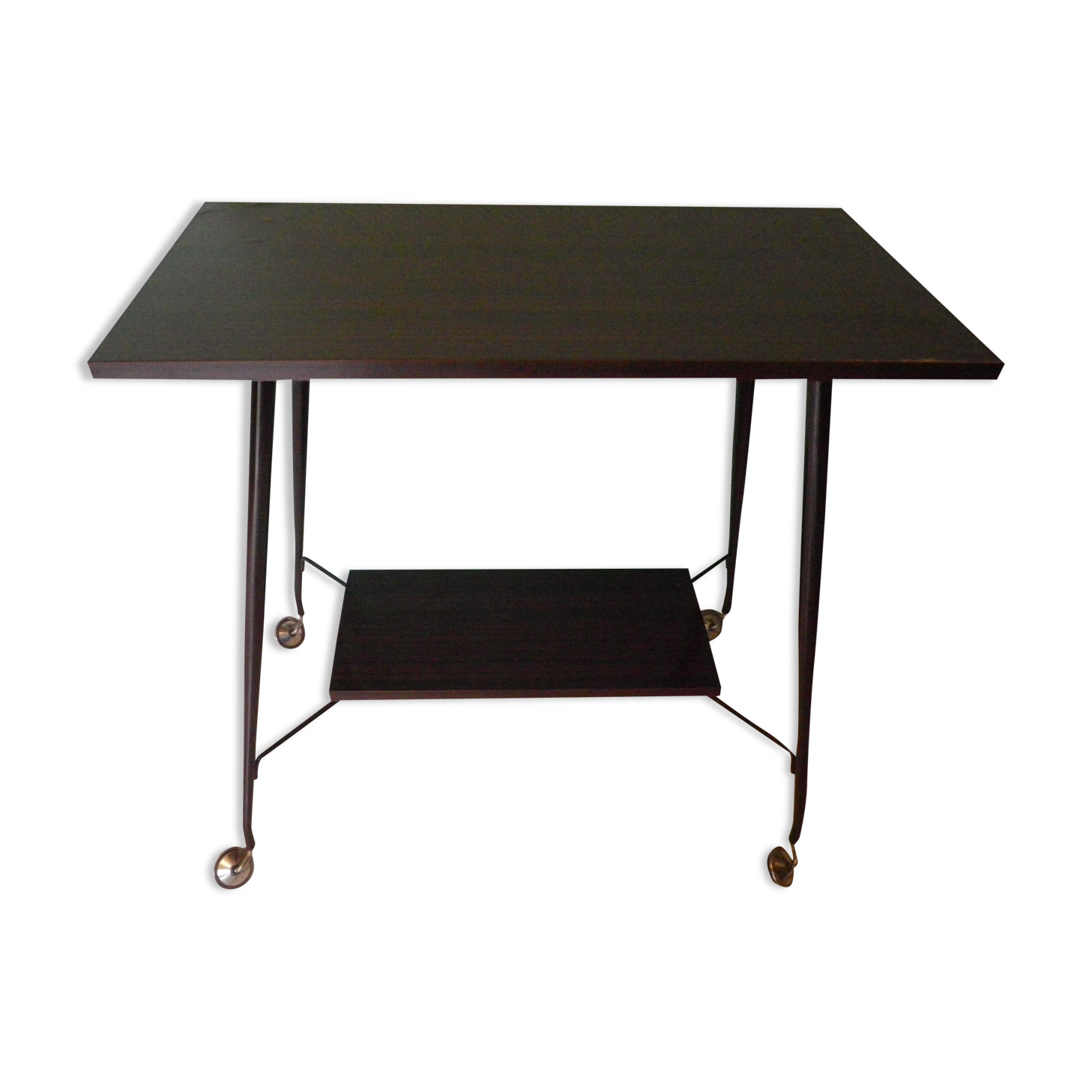 Formica TV cabinet, 2 trays, on atypical curved casters - 1960s