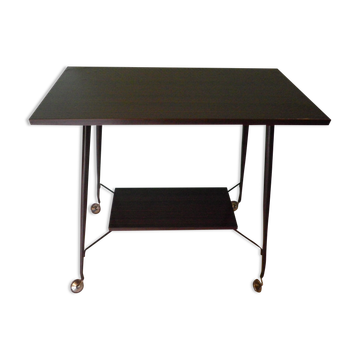 Meuble TV formica, 2 plateaux, sur roulettes atypiques incurvées - Années 60
