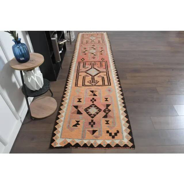 1970s Turkish Oushak Handmade Wool Cotton Orange Runner Rug 90x361