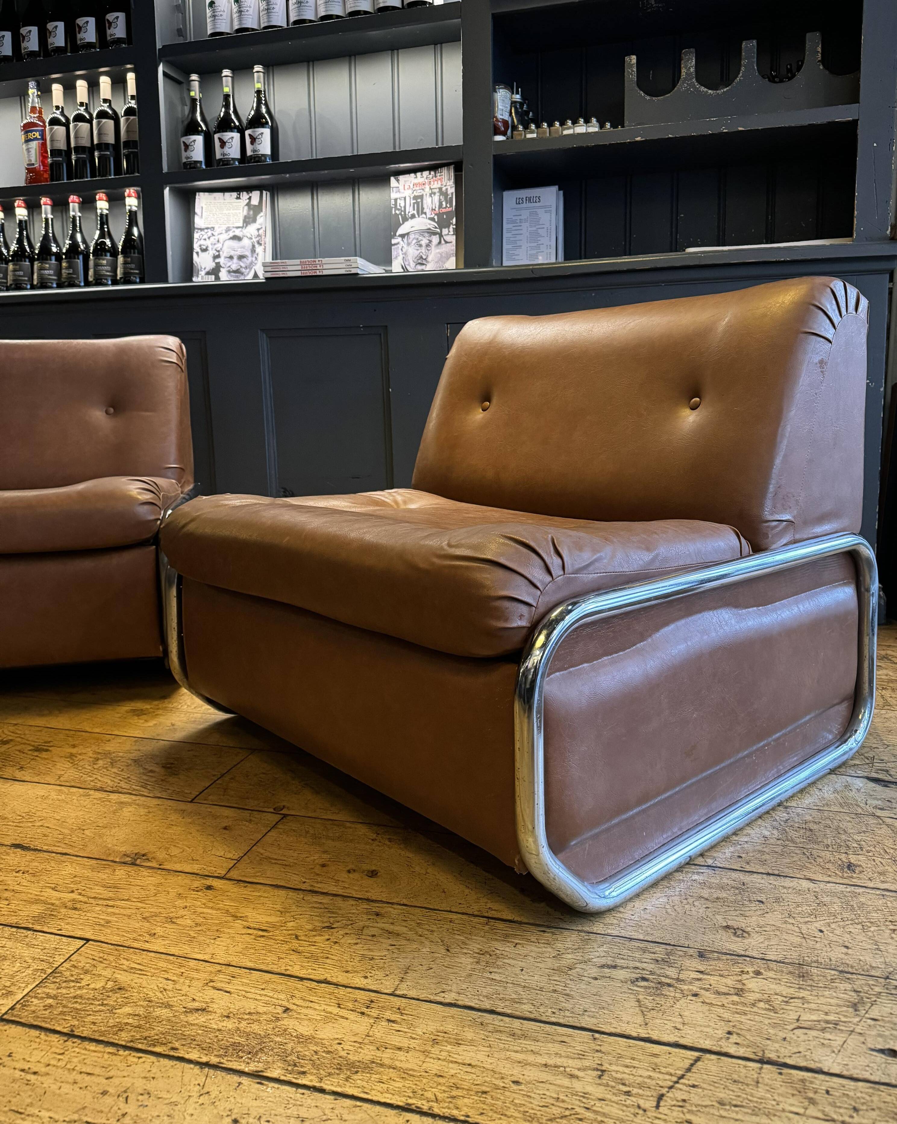 Pair of vintage low chairs, chrome and brown, France 1970