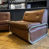 Pair of vintage low chairs, chrome and brown, France 1970
